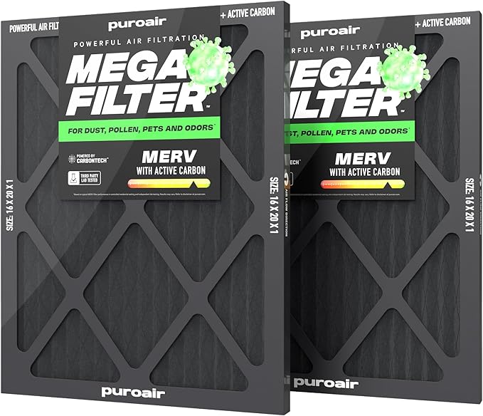 PuroAir MegaFilter - 16x20x1 Air Filter MERV 13 Activated CarbonTech Defense - Heavy Duty 3 Layer Furnace Filters Allergens, Pollen, Dust, Pet Dander, Smoke, Odors - HVAC Air Filter 16x20x1 (2-Pack)