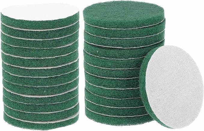 HARFINGTON 24pcs Scrubber Scouring Pads 180 Grits 4 Inch Drill Power Brush Hoop and Loop Surface Conditioning Disc Drill Scuffing Disc Scrub Pads for Home Kitchen Cleaning, Green