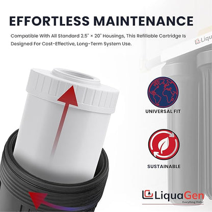 LiquaGen Activated Alumina + Carbon + KDF-55 Replacement Water Filter Cartridge – Helps Manage Fluoride, Chlorine & Taste, Refillable 2.5" x 10", 2.5" x 20", 4.5" x 10", 4.5" x 20" (1, 2.5" x 20")