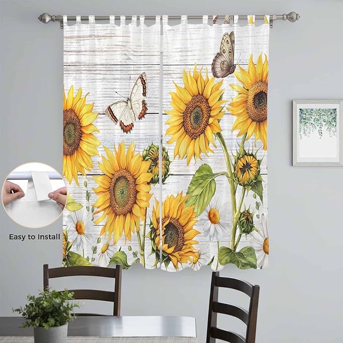 Yellow Sunflowers Living Room Curtains 84 Inch Length, Window Curtains Tab Top, Vintage Country Flowers Butterfly Wood Board Light Filtering Window Treatments Drapes 52"x84" 2 Panel