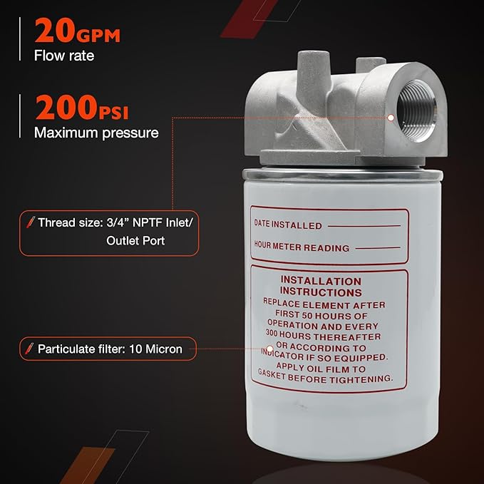 Spin-On Hydraulic Oil Filter Assembly 10 Micron with 3/4" NPT, Hydraulic Return Line Filter Housing for Petroleum-Based Fluids, 20 GPM, 200 PSI, Model 221006 Kit