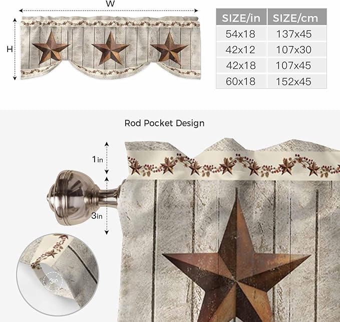 Western Texas Star Retro Tie Up Valance Curtains for Windows, Kitchen Curtains Window Shades, Country Farmhouse Gray Wood Grain Light Filtering Roman Curtain Valances for Bedroom/Bathroom/Cafe 54"x18"