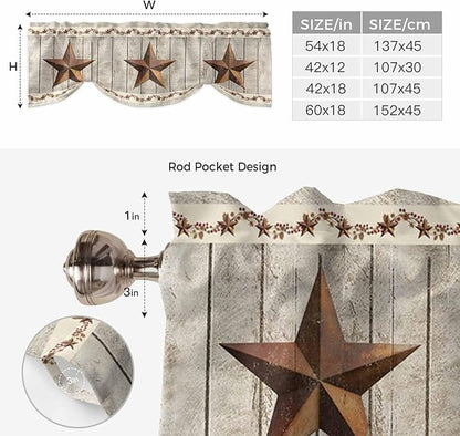 Western Texas Star Retro Tie Up Valance Curtains for Windows, Kitchen Curtains Window Shades, Country Farmhouse Gray Wood Grain Light Filtering Roman Curtain Valances for Bedroom/Bathroom/Cafe 42"x12"