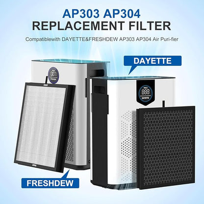 AP303 AP304 Replacement Filters, Compatible with DAYETTE AP303/304 Air Puri-fier, for FRESHDEW AP303 / AP304 Puri-fier,2 Pack Filters with 3-Stage Filtration