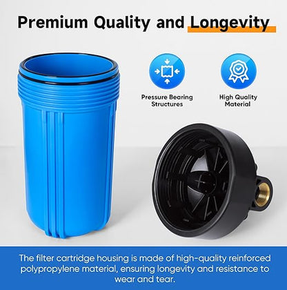 PUREPLUS 2-Stage Whole House Water Filtration System, Reduces Chlorine, Odor, Heavy Metals & Rust, 10"x4.5" Housing, 1" Inlet/Outlet, PP Grooved Sediment & KDF Carbon Filters, Pressure Gauges Included