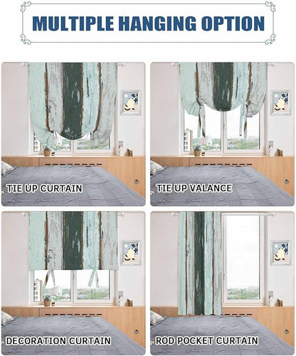 Tie Up Curtains for Windows, Blue Teal Adjustable Balloon Nature Linen Textured Kitchen Curtain, Vintage Wooden Retro Art Farmhouse Barns Tie Up Blackout Curtains for Bedroom, 52 x 63 Inches