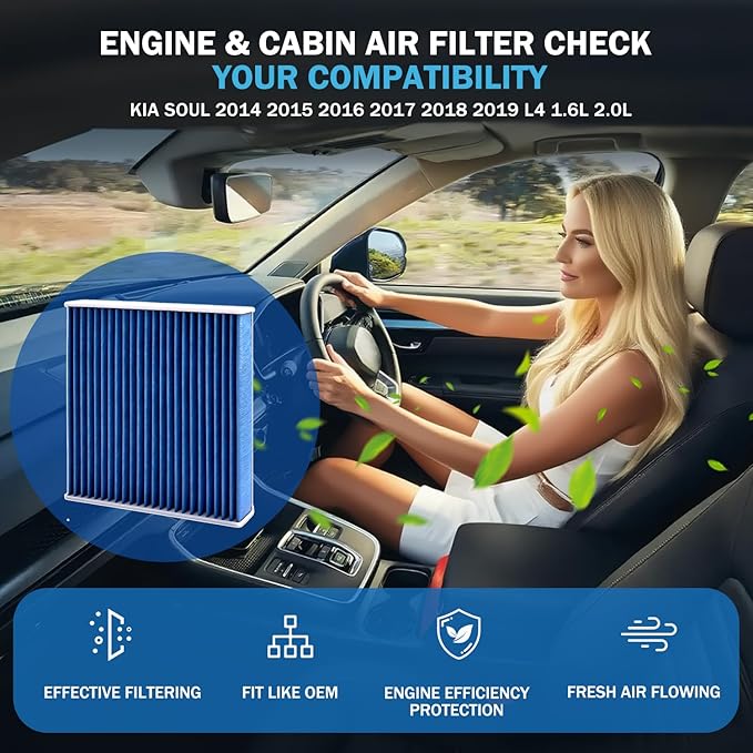 1pc Cabin & 1pc Engine Air Filter Kit Accessories for Kia Soul 2014 2015 2016 2017 2018 2019 L4 1.6L 2.0L Activated Carbon Automotive Engine Cabin Air Filter Replacement for CF12002 CA11206