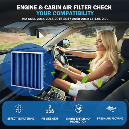 1pc Cabin & 1pc Engine Air Filter Kit Accessories for Kia Soul 2014 2015 2016 2017 2018 2019 L4 1.6L 2.0L Activated Carbon Automotive Engine Cabin Air Filter Replacement for CF12002 CA11206