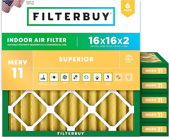 Filterbuy 16x16x2 Air Filter MERV 11 Superior Pet & Allergy Defense (6-Pack), Electrostatic Pleated HVAC AC Furnace Filters Replacement, Made in USA (Actual Size: 15.50 x 15.50 x 1.75)