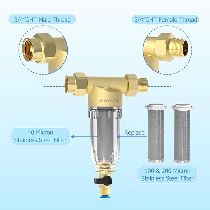 GFC40 Garden Hose Filter with 3/4" GHT Connector, 40 & 100 & 200 Micron Reusable Spin Down Sediment Water Filter, Inline Sediment Filter for RV Camping Pressure Wahser Car Wash Water Hose