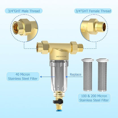 GFC40 Garden Hose Filter with 3/4" GHT Connector, 40 & 100 & 200 Micron Reusable Spin Down Sediment Water Filter, Inline Sediment Filter for RV Camping Pressure Wahser Car Wash Water Hose