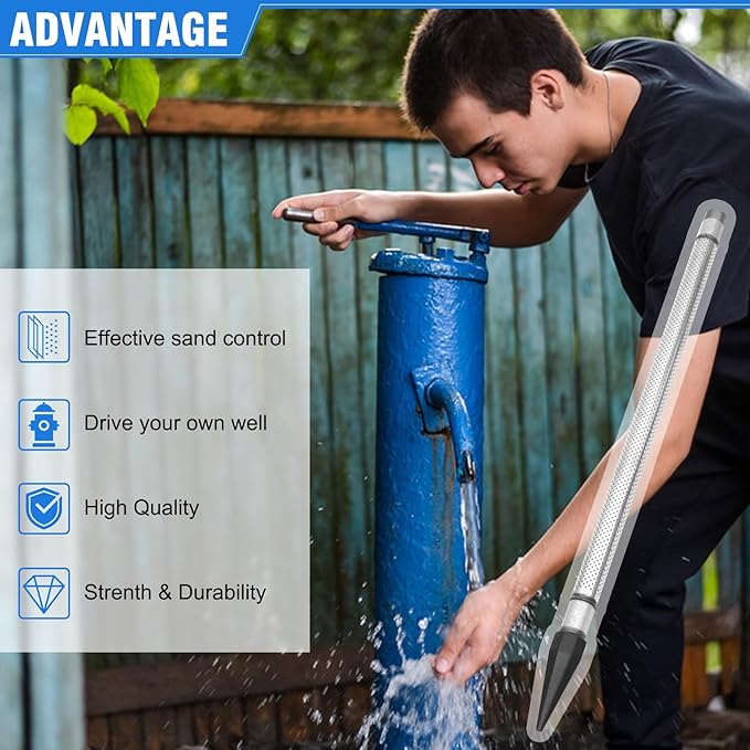 Well Point 1-1/4, Sand Points Well, 1-1/4 Drive Point Well, Well Stainless Steel Drive Points, Heavy Duty Shallow Well Point, 36-Inch Pipe Length 60 Gauze, Stainless Steel Gauze and Screen
