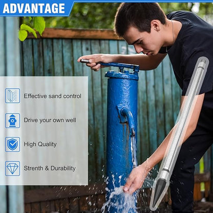 Well Point 1-1/4, Sand Points Well, 1-1/4 Drive Point Well, Well Stainless Steel Drive Points, Heavy Duty Shallow Well Point, 36-Inch Pipe Length 60 Gauze, Stainless Steel Gauze and Screen