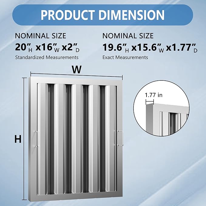 Stainless Steel Commercial Kitchen Hood Filter, 15.5W x 19.5H Inch Range Baffle Grease Rated Commercial Kitchen Exhaust Hood 4 Grooves Hood Filter (5 Pack)