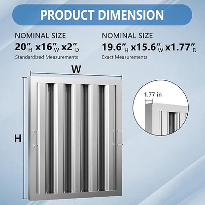 Stainless Steel Commercial Kitchen Hood Filter, 15.5W x 19.5H Inch Range Baffle Grease Rated Commercial Kitchen Exhaust Hood 4 Grooves Hood Filter (5 Pack)