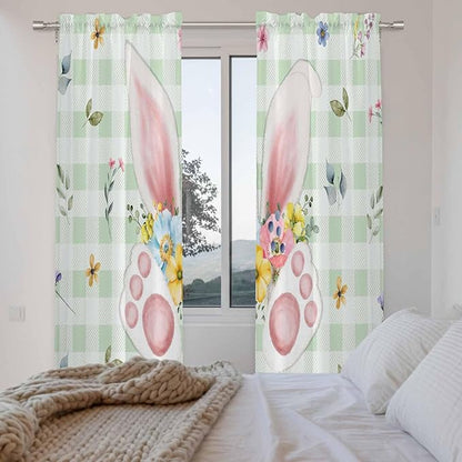Easter Window Curtains 72 Inch Long 2 Panel Set, Rod Pocket Long Curtains & Drapes, Spring Bunny Ears Feet Flowers Green Plaid Light Filtering Window Treatment for Bedroom Living Room 52"W x 72"L