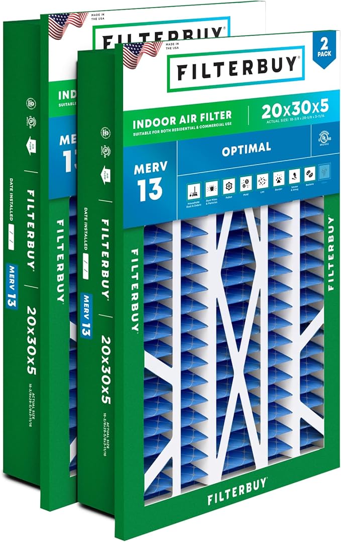Filterbuy 20x30x5 Air Filter MERV 13 Optimal Smoke & Allergy Defense (2-Pack), Electrostatic Pleated HVAC AC Furnace Filters Replacement for Honeywell Return Grille (Actual Size: 18.38 x 28.63 x 3.69)