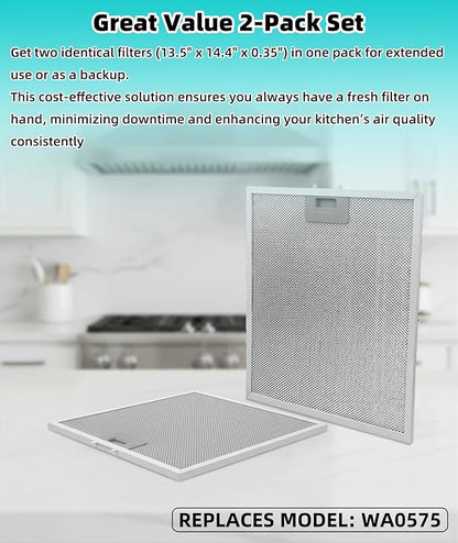 2 Pack WA0575 Range Hood Filters 13.5" x 14.4" x 0.35", 5-Layer Aluminum Mesh Replacement Grease Filters, Compatible with Whirlpool, Vissani, Zline, Ciarra and More