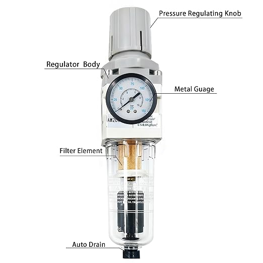 XingNEeng 1/4" NPT Compressed Air Filter Regulator Combo Piggyback, Water/Oil Trap Separator with Pressure Gauge(0-150 psi), Auto Drain, Poly Bowl, 5 Micron Brass Element, Metal Bracket