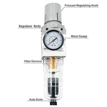 XingNEeng 1/4" NPT Compressed Air Filter Regulator Combo Piggyback, Water/Oil Trap Separator with Pressure Gauge(0-150 psi), Auto Drain, Poly Bowl, 5 Micron Brass Element, Metal Bracket