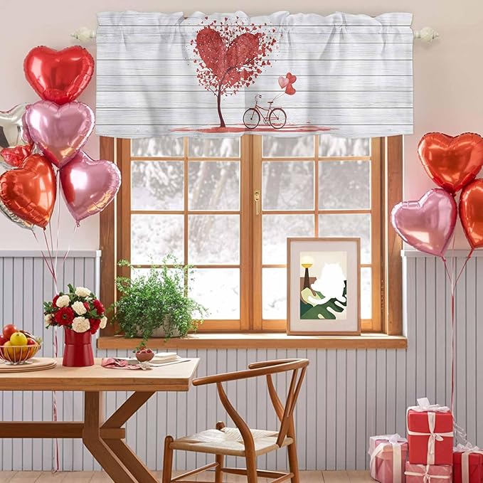 Valentine's Day Valance Curtains for Kitchen, Red Love Trees Bicycles Balloons Wood Grain Privacy Rod Pocket Valance Curtain, Light-Filtering Window Treatment for Bedroom Bathroom, 60"x14"