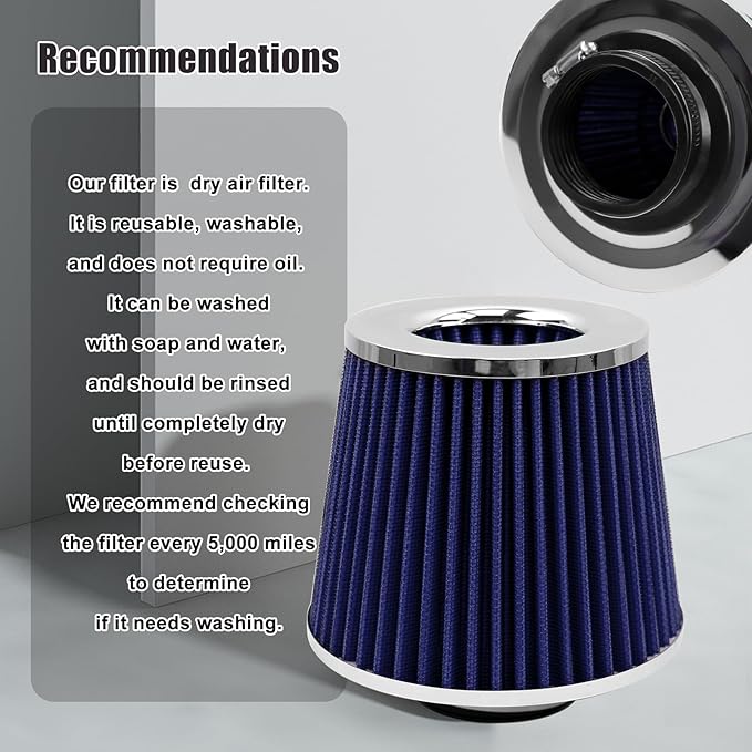 RYANSTAR RACING 63mm 2.5" High Flow Round Tapered Cone Cool Air Filter Cleaner with Top Filter Design Short 153mm tall Blue