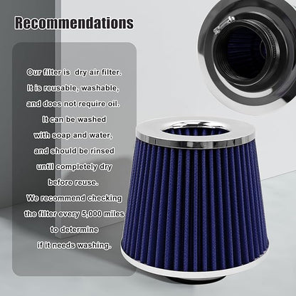 RYANSTAR RACING 63mm 2.5" High Flow Round Tapered Cone Cool Air Filter Cleaner with Top Filter Design Short 153mm tall Blue