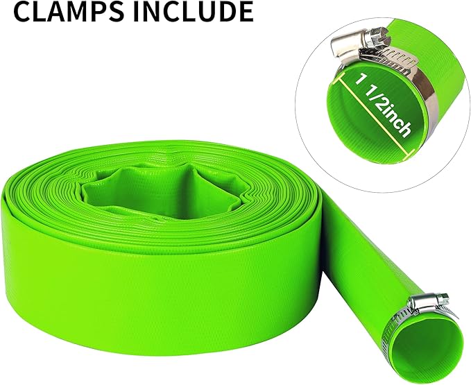 1-1/2" (Flat 2.6’’ width) x 100 FT Pool Backwash Hose, Green Heavy Duty Reinforced PVC Lay Flat Water Discharge Hose for Swimming Pool Filter Pump,with 2 Clamp