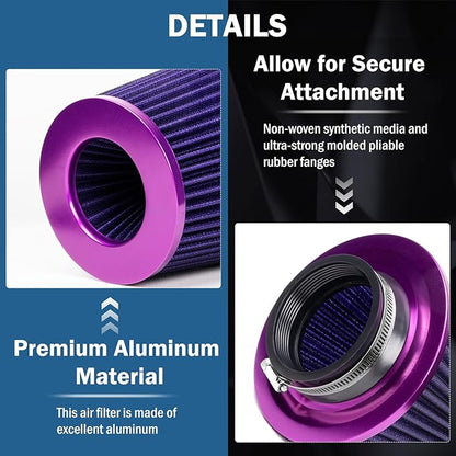 Universal Clamp-On Air Intake Filter, High Performance, Washable Filter, Replacement Air Filter, Flange Diameter 3inch/76mm (Purple)