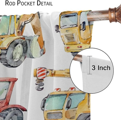 Kids Excavator Curtains, Retro Truck Tractor Machinery Construction Vehicle Crane Digger Mixer Rod Pocket Decorative Windows Curtain for Teens Girls Boys Room 84x84in (30% Blackout)