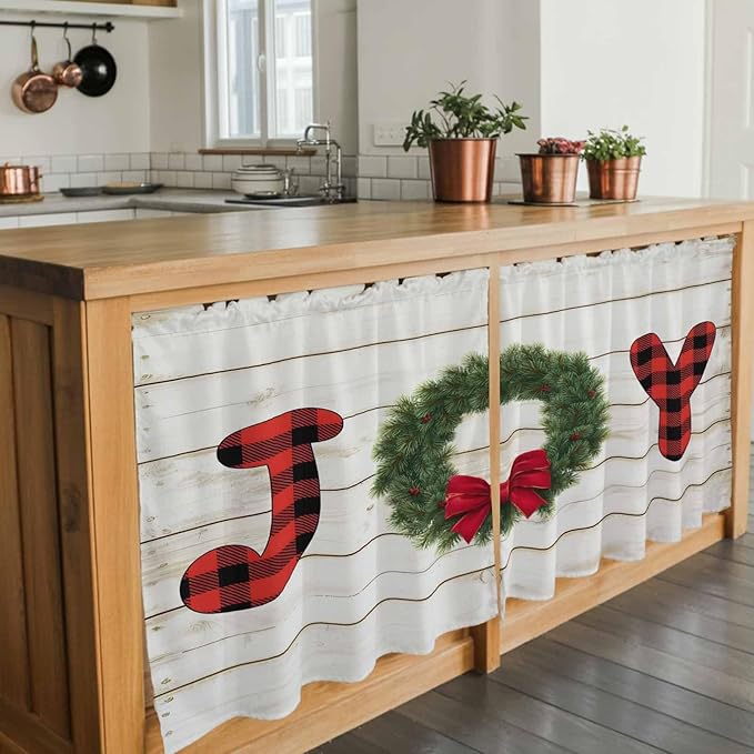 Christmas Wreaths Kitchen Tier Curtains 36 Inch Long 2 Panel Set,Rod Pocket Half Window Curtains Over Sink,Winter Bow Plaid Farmhouse Wooden Grain Short Drapes for Bathroom Cafe 27.5"W x 36"L