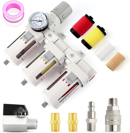 Industrial 3/8" NPT 3 Stage Air Drying System,Coalescing Filter, Particulate Filter and Air Regulator, Manual Drain for Air Tools and Spray Paint Gun
