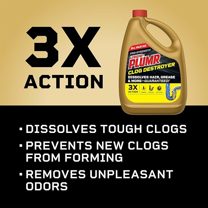 Clorox Liquid-Plumr Pro-Strength Clog Destroyer, Liquid Drain Cleaner, 80 Fluid Ounces (Package May Vary)