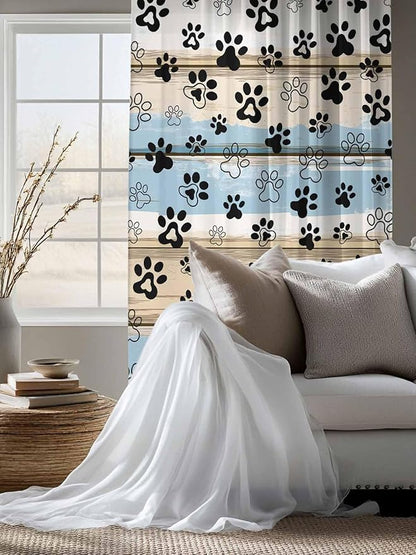 Sheer Curtains 63 Inch Length, Blue Dog Paw Print Semi Sheer Curtains Light Filtering Window Treatment, Vintage Farmhouse Rustic Wooden Grain Privacy Voile Drapes for Living Room Bedroom 52x63 Inch