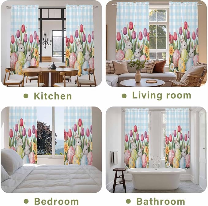 Easter Window Curtains 72 Inch Long 2 Panel Set,Rod Pocket Long Curtains & Drapes,Spring Bunny Colorful Eggs Tulip Flowers Blue Check Light Filtering Window Treatment for Bedroom 52"W x 72"L