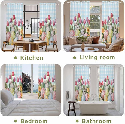 Easter Window Curtains 72 Inch Long 2 Panel Set,Rod Pocket Long Curtains & Drapes,Spring Bunny Colorful Eggs Tulip Flowers Blue Check Light Filtering Window Treatment for Bedroom 52"W x 72"L