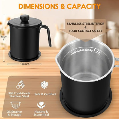 Chihee Grease Container Stainless Steel Bacon Grease Saver with Fine Mesh Strainer 2L / 67.6 fl oz Oil Container Grease Can with Dust-proof Lid Non-slip Tray for Kitchen Storing Frying Cooking Grease