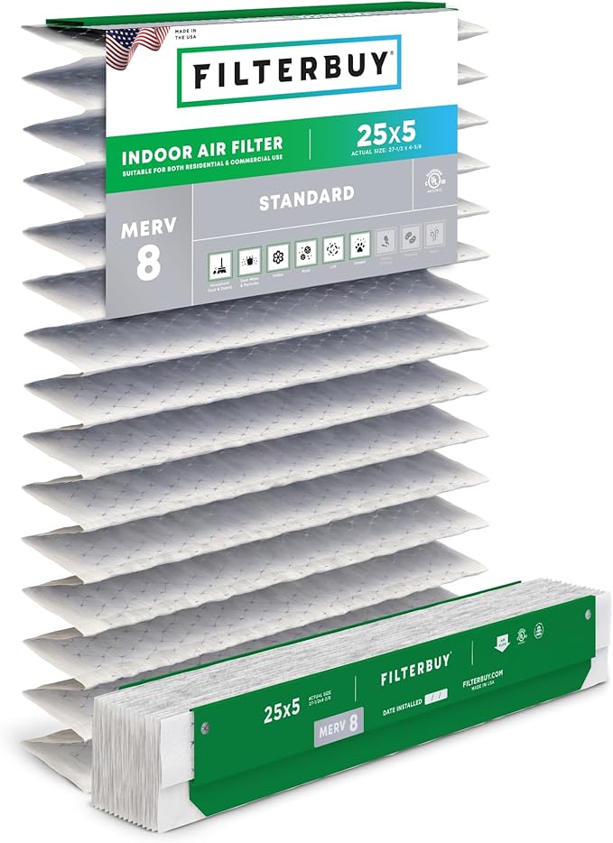 Filterbuy 25x5 Expandable Air Filter MERV 8 Dust Defense (2-Pack), Pleated Furnace Air Filters Replacement for Trane Perfect Fit BAYFTFREXM2 and American Standard (Actual Size: 27.50 x 4.38 Inches)