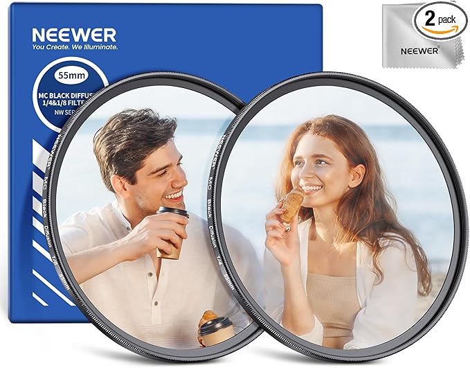 NEEWER 55mm 1/4 & 1/8 Black Diffusion Camera Lens Filter 2 Pack Set, Dreamy Cinematic Effect Filter Multicoated Glass Storage Case Cleaning Cloth, for Portrait Photography Video