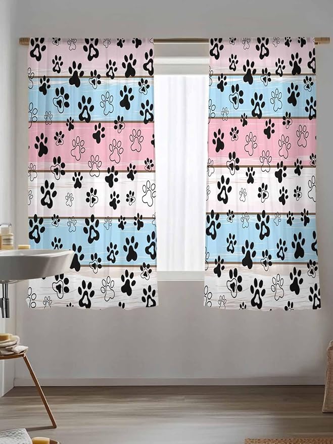 Sheer Curtains 63 Inch Length, Pink Blue Paw Print Semi Sheer Curtains Light Filtering Window Treatment, Vintage Farmhouse Wooden Grain Privacy Voile Drapes for Living Room Bedroom 52x63 Inch