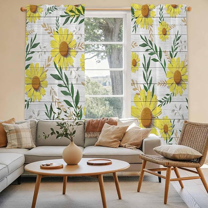 Yellow Daisy Kitchen Curtains, Farmhouse Country Flower Leaf Plant Wood Grain Light Filtering Window Curtain Panels, 2Pcs Rod Pocket Window Treatments Set for Living Room Bathroom Bedroom 52x72 Inches