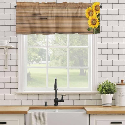 Kitchen Valances for Window, Farm Sunflower on Vintage Wood Grain Light Filtering Rod Pocket Valance Curtain, Spring Country Plant Short Curtains Window Topper for Bedroom Living Room 42x12in