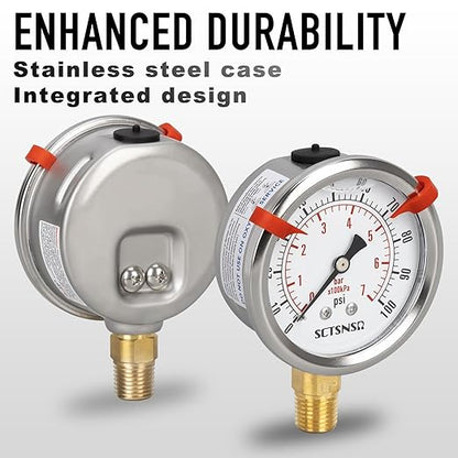 0 to 100 Psi Lead-Free Pressure Gauge, Glycerin Liquid Filled, 2.5 inch Dial, 1/4" NPT Lower Mount, Stainless Steel Case, for Water Pump, Pneumatic Air, Well Tank, RV Hose, Gas, Pressure Test