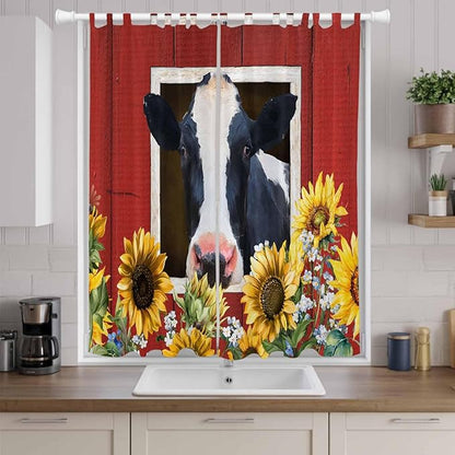 Cow Sunflowers Living Room Curtains 84 Inch Length, Window Curtains Tab Top, Botanical Floral Leaves Bees Farm Barn Light Filtering Window Treatments Drapes 52"x84" 2 Panel