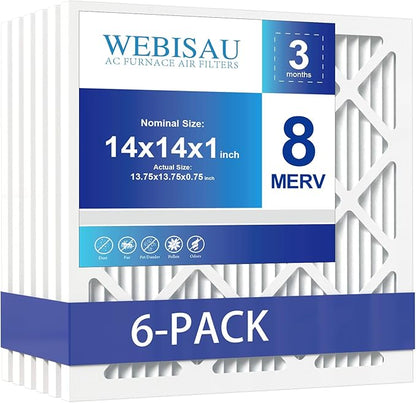 14x14x1 Air Filter MERV 8 MPR 600 6Pack Furnace Filters Pleated HVAC AC Furnace Air Conditioner Filters (Exact size: 13 3/4"x13 3/4"x3/4")