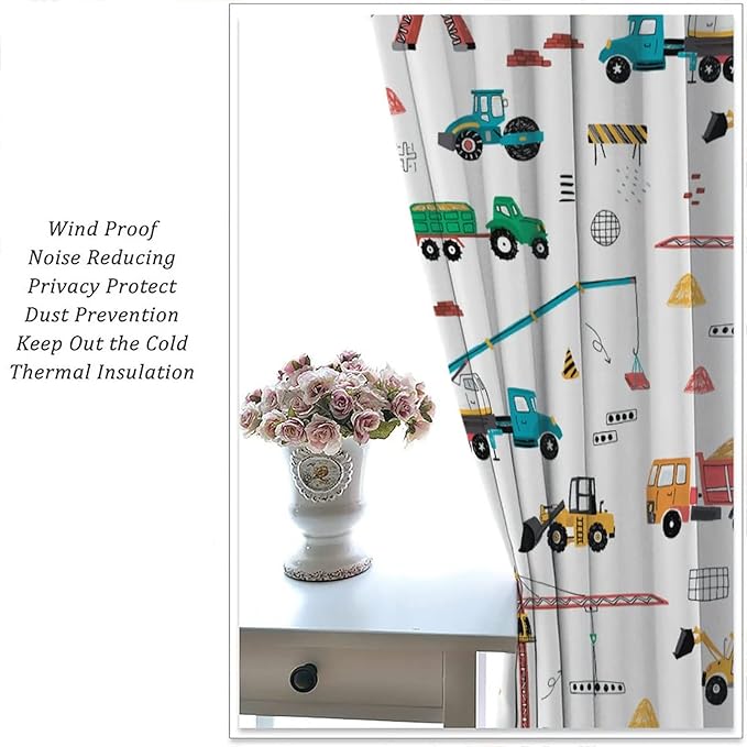 Construction Window Curtains, Kids Cartoon Construction Machines Building Hand Drawn Doodle Rod Pocket Decorative Windows Curtain for Children Teens Room Decor 72x63in (30% Blackout)