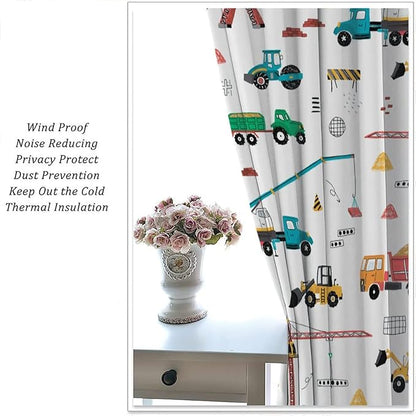 Construction Window Curtains, Kids Cartoon Construction Machines Building Hand Drawn Doodle Rod Pocket Decorative Windows Curtain for Children Teens Room Decor 72x63in (30% Blackout)