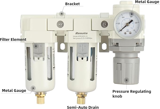 3/8" NPT Three Stage Air Drying System - 5 Micron Particulate Filter Air Pressure Regulator Combo - 0-125psi Gauge, Semi-Auto Drain, Metal Bracket