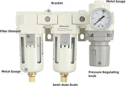 3/8" NPT Three Stage Air Drying System - 0.01 Micron Particulate Filter Air Pressure Regulator Combo - 0-125psi Gauge, Semi-Auto Drain, Metal Bracket