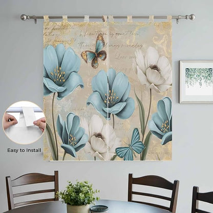Spring Flowers Bedroom Curtains 72 Inch Length, Window Curtains Tab Top, Vintage Rustic Tulips Floral Butterfly Khaki Light Filtering Window Treatments Drapes 52"x72" 2 Panel